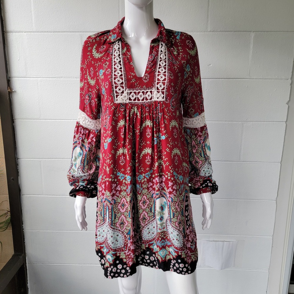 Retro Hippie Tunic Dress Red Paisley Women's M Boho Festival Gipsy Peasant Lace
